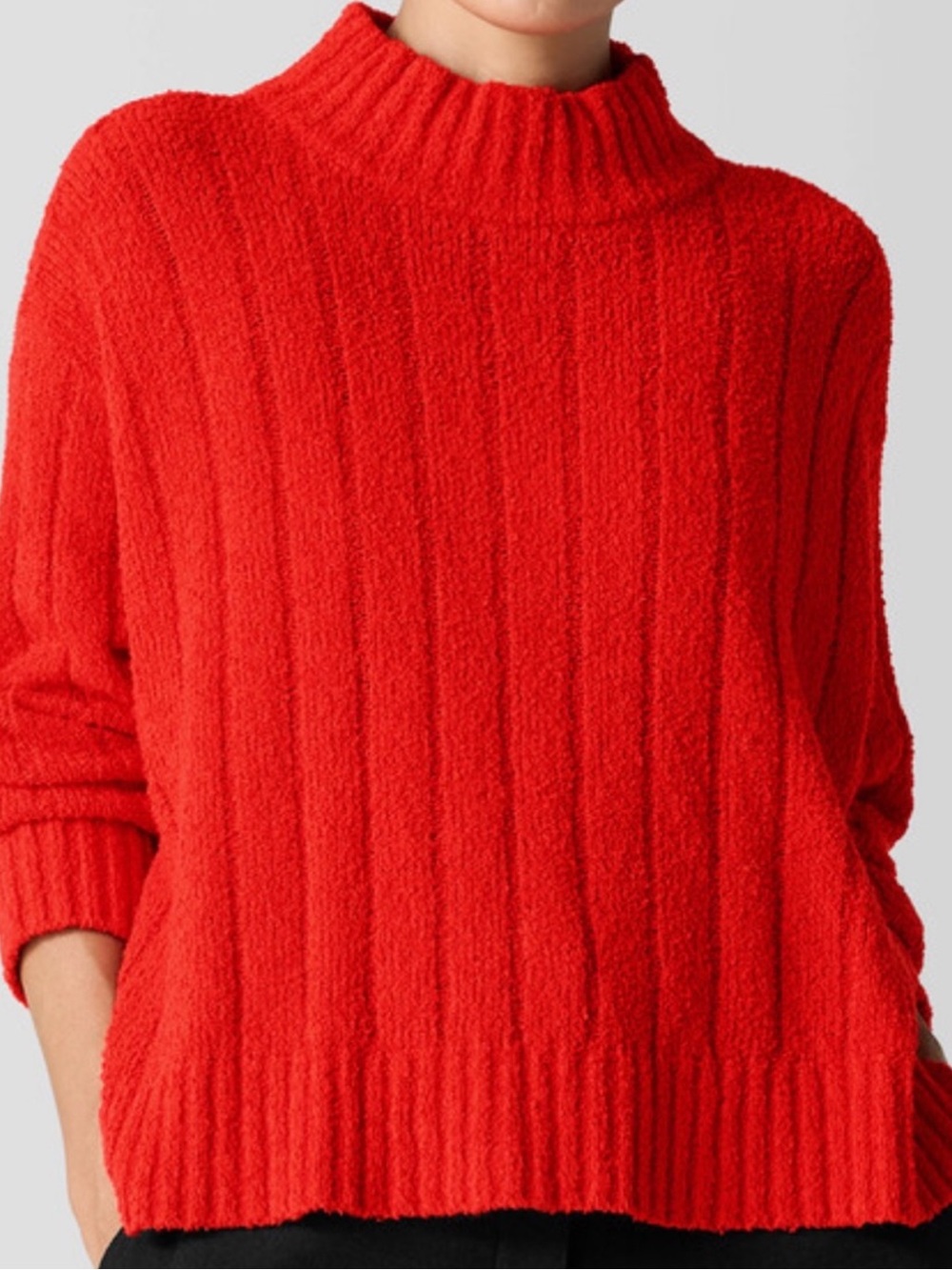 Eileen Fisher Cotton Fluff Rib Mockneck Sweater XS Boxy Oversized Fit Red Poppy